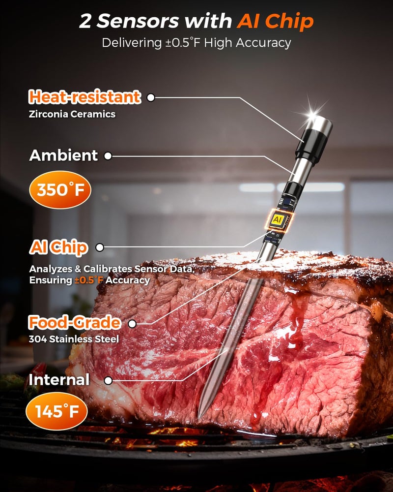 Alfolive 2025 AI Wireless Meat Thermometer, Smart Bluetooth Meat Thermometer Digital, ±0.5°F High Accuracy, Grill Temperature Probe for BBQ, Grilling, Smoker, Oven, Cooking, Air Fryer, 1 Probe - Image 3